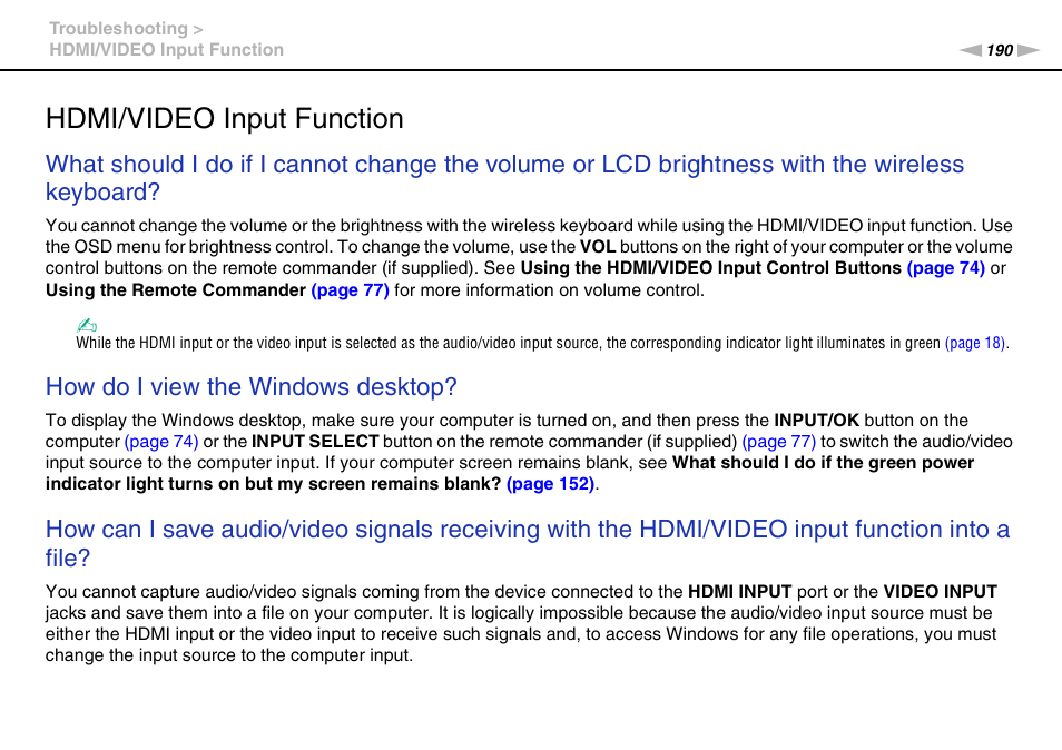 Hdmi/video input function, How do i view the windows desktop | Sony VAIO VPCL2 User Manual | Page 190 / 197