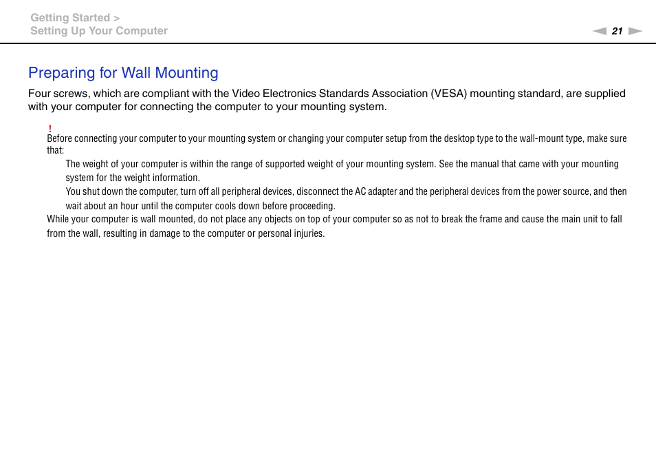 Preparing for wall mounting | Sony VAIO VPCL2 User Manual | Page 21 / 197