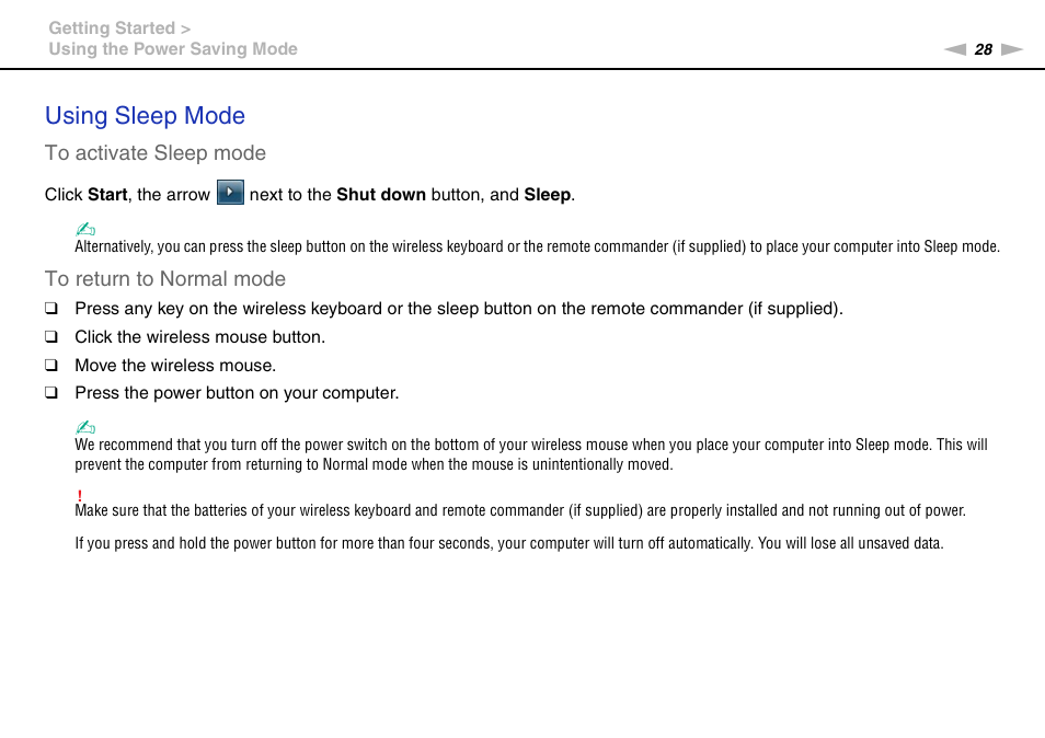 Using sleep mode | Sony VAIO VPCL2 User Manual | Page 28 / 197