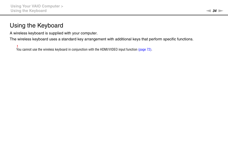 Using the keyboard | Sony VAIO VPCL2 User Manual | Page 34 / 197