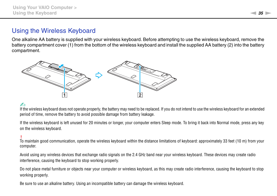 Using the wireless keyboard | Sony VAIO VPCL2 User Manual | Page 35 / 197