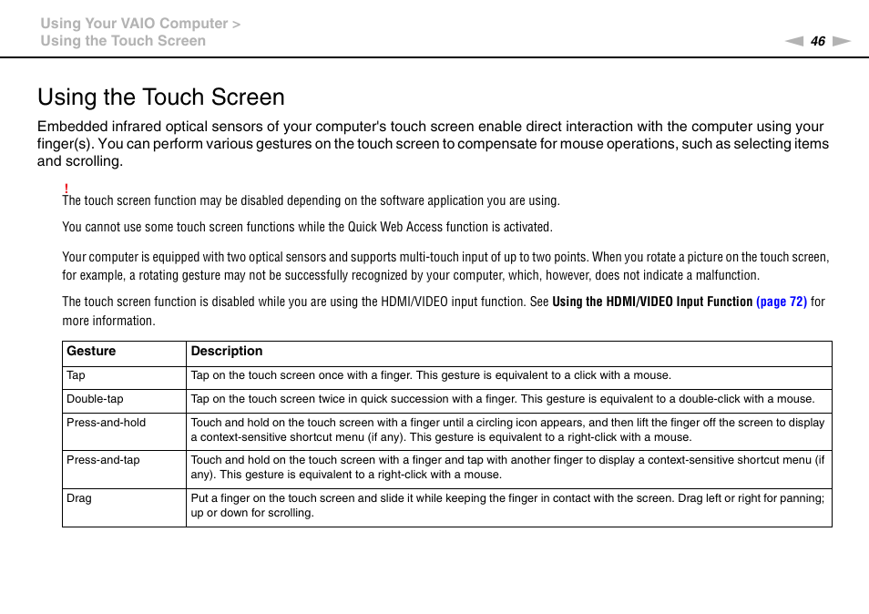 Using the touch screen | Sony VAIO VPCL2 User Manual | Page 46 / 197