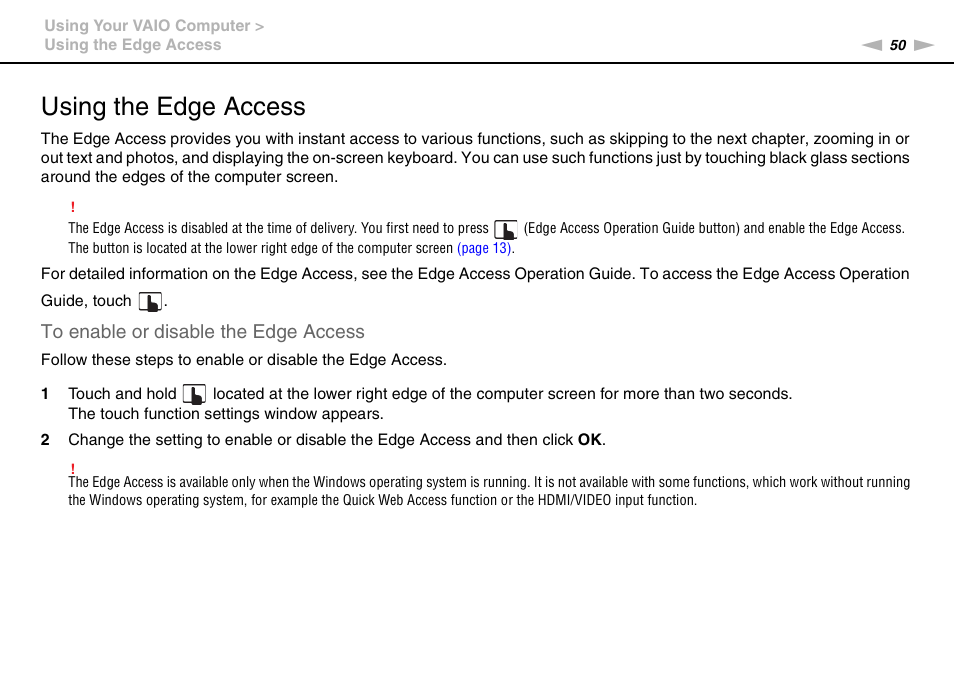 Using the edge access | Sony VAIO VPCL2 User Manual | Page 50 / 197