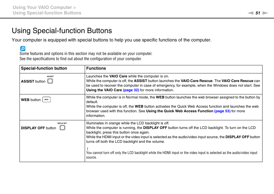 Using special-function buttons | Sony VAIO VPCL2 User Manual | Page 51 / 197