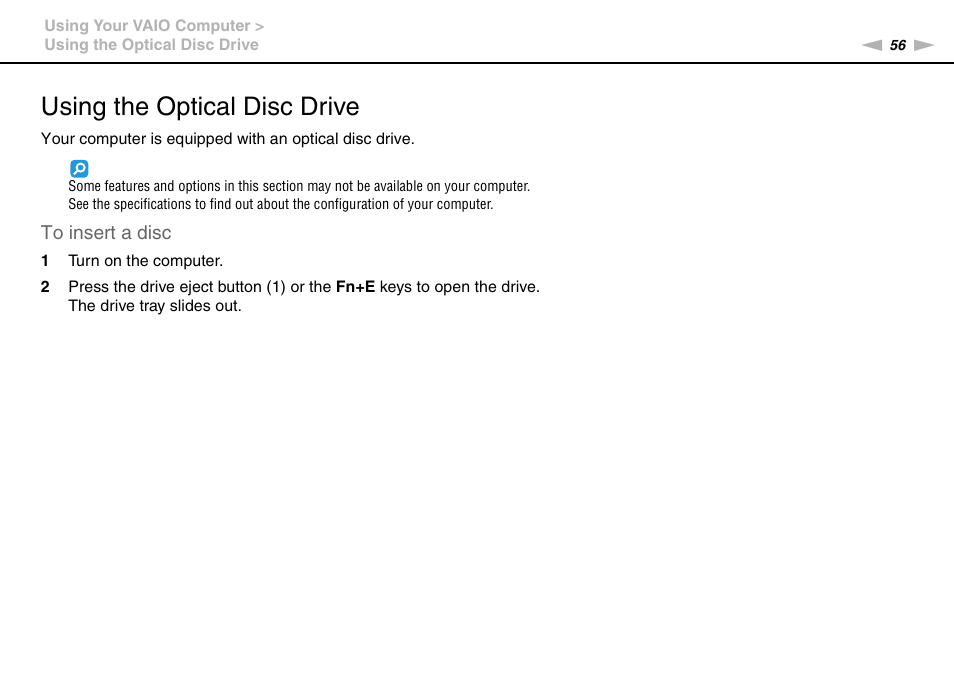 Using the optical disc drive | Sony VAIO VPCL2 User Manual | Page 56 / 197