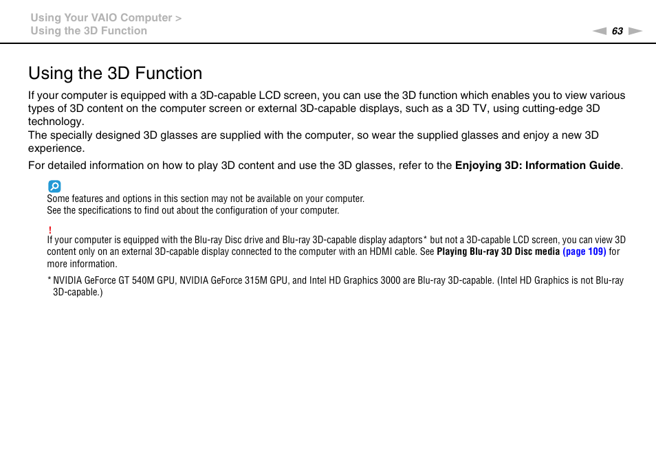 Using the 3d function | Sony VAIO VPCL2 User Manual | Page 63 / 197