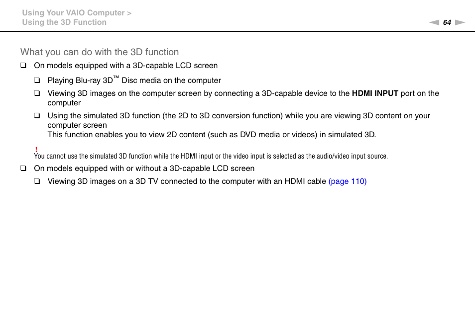 What you can do with the 3d function | Sony VAIO VPCL2 User Manual | Page 64 / 197