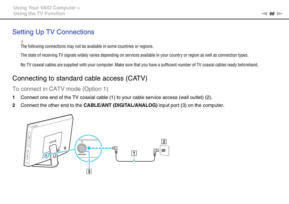 Setting up tv connections, Connecting to standard cable access (catv) | Sony VAIO VPCL2 User Manual | Page 66 / 197