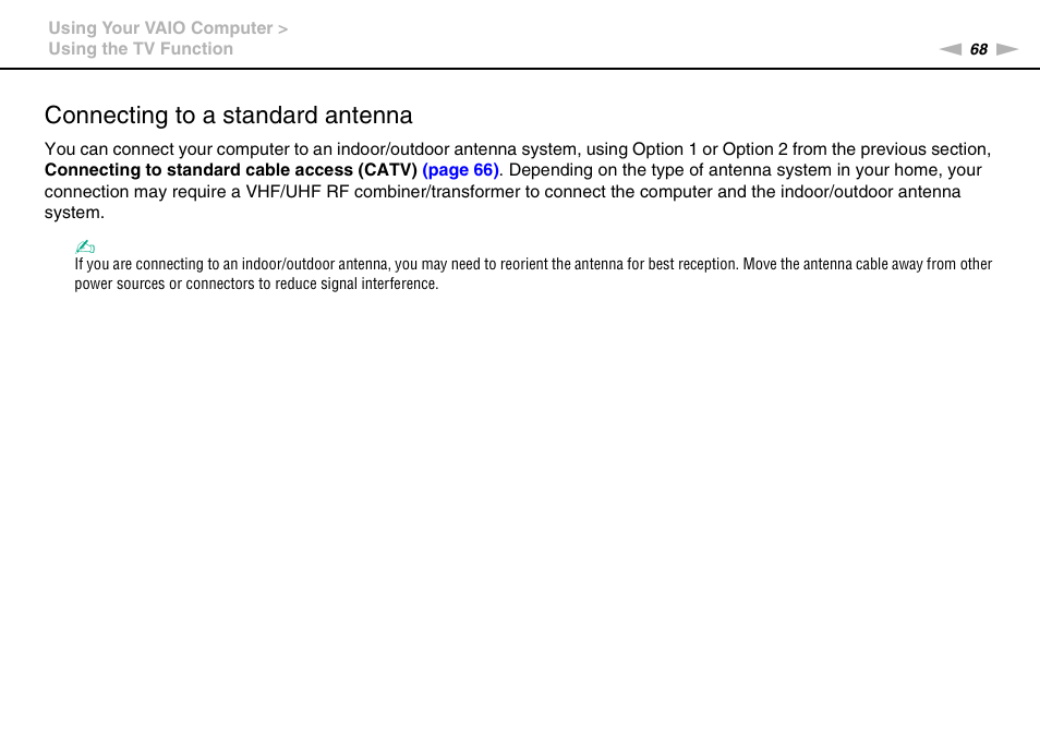 Connecting to a standard antenna | Sony VAIO VPCL2 User Manual | Page 68 / 197