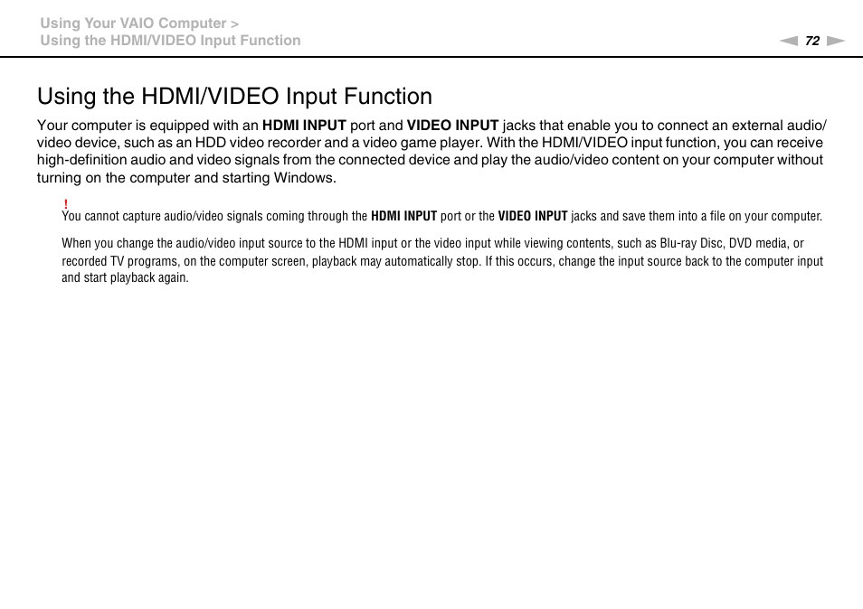 Using the hdmi/video input function | Sony VAIO VPCL2 User Manual | Page 72 / 197