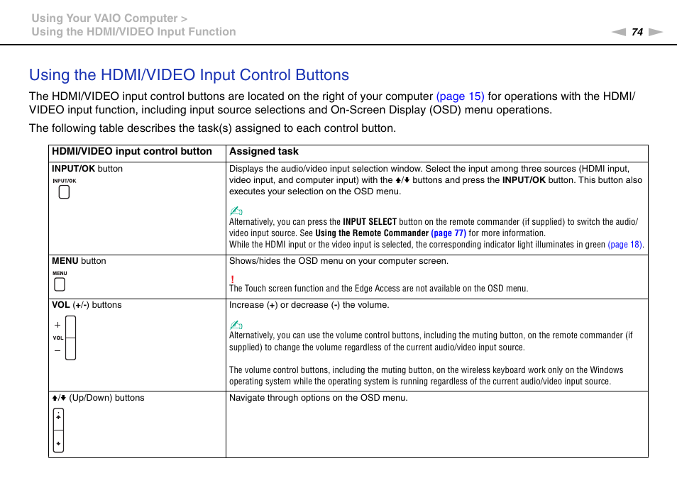 To s, Using the hdmi/video input control buttons | Sony VAIO VPCL2 User Manual | Page 74 / 197