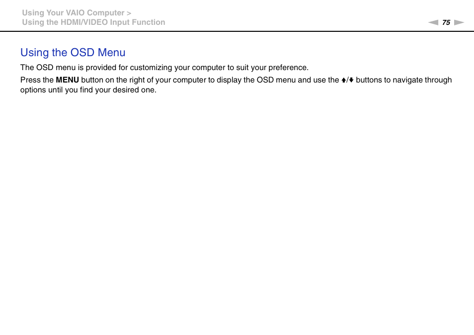 Using the osd menu | Sony VAIO VPCL2 User Manual | Page 75 / 197