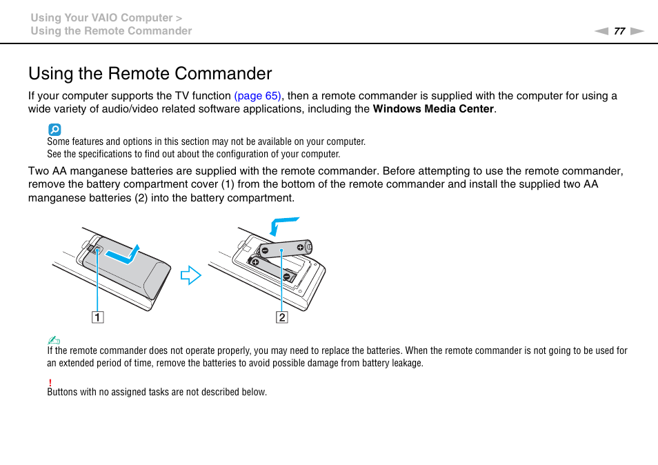 Using the remote commander | Sony VAIO VPCL2 User Manual | Page 77 / 197