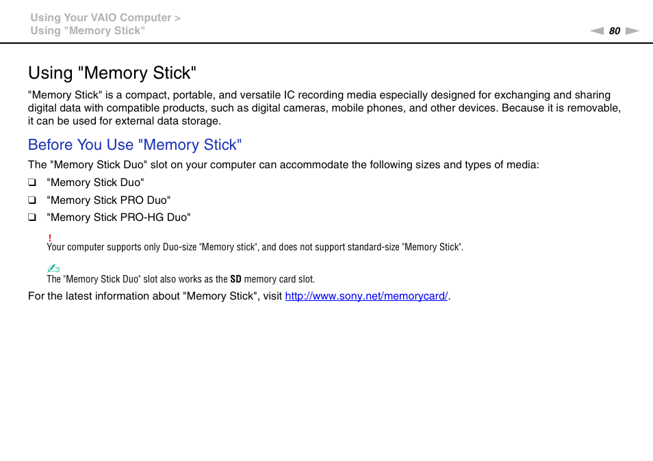 Using "memory stick | Sony VAIO VPCL2 User Manual | Page 80 / 197