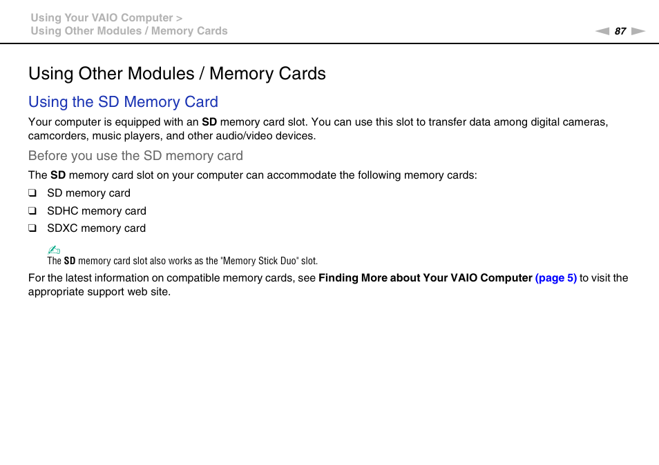 Using other modules / memory cards | Sony VAIO VPCL2 User Manual | Page 87 / 197