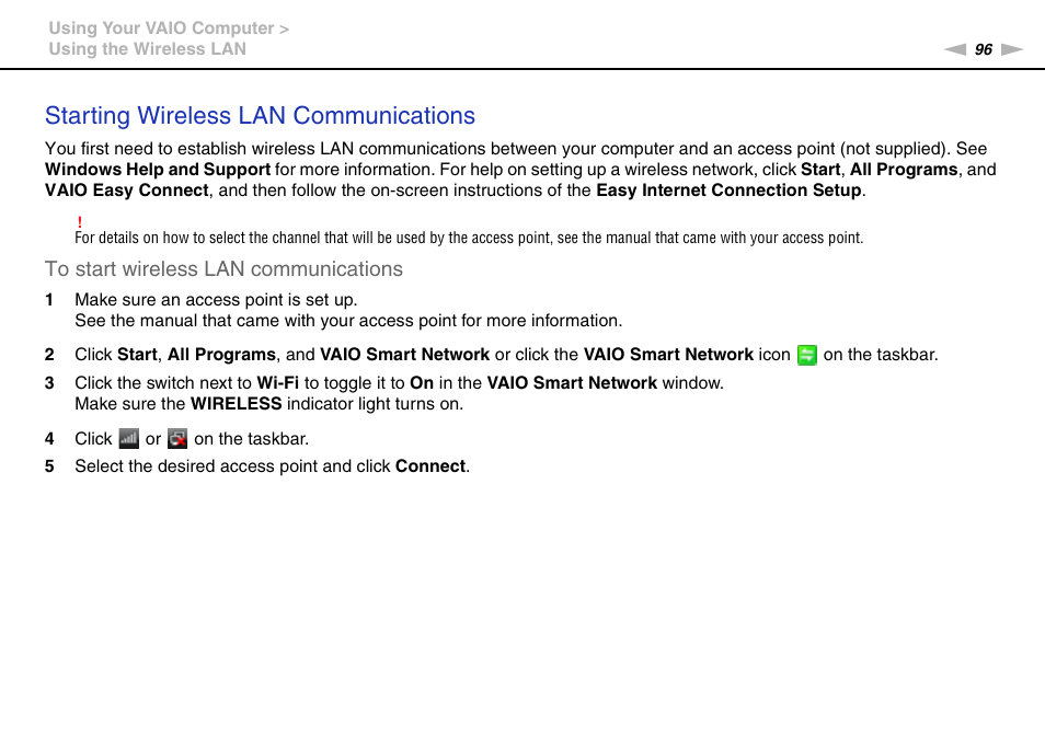 Starting wireless lan communications | Sony VAIO VPCL2 User Manual | Page 96 / 197