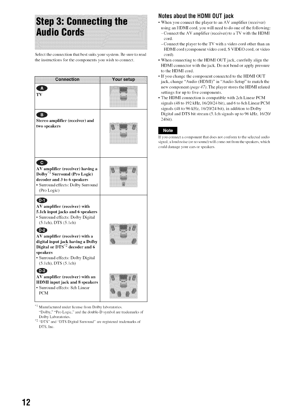Connection, Your setup, Notes about the hdmi out jack | Step 3: connecting the audio cords | Sony BDP-S301 User Manual | Page 12 / 72
