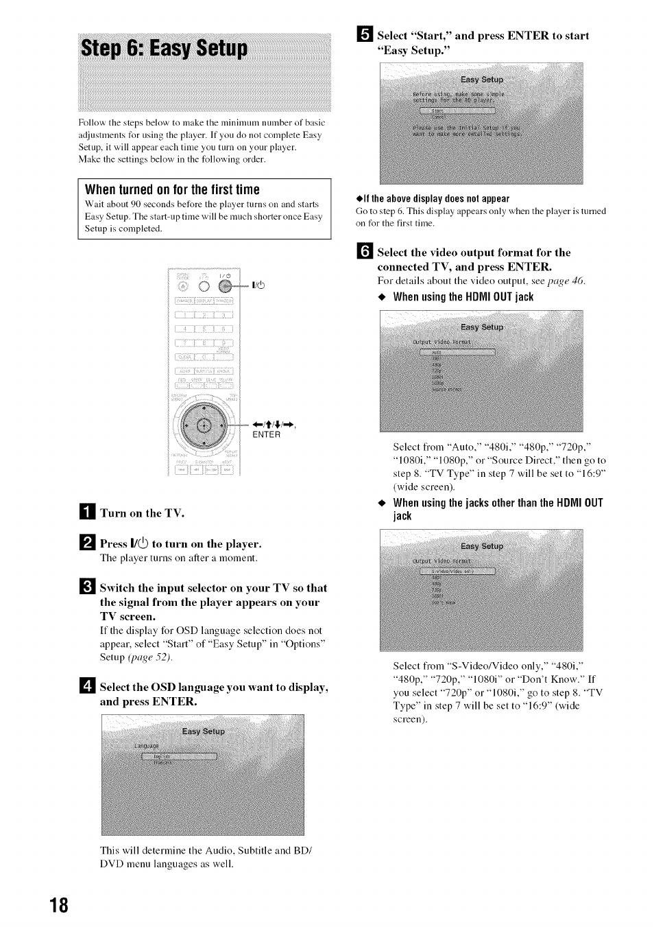 Turn on the tv, Press l/c!) to turn on the player, If the above display does not appear | Step 6: easy setup | Sony BDP-S301 User Manual | Page 18 / 72