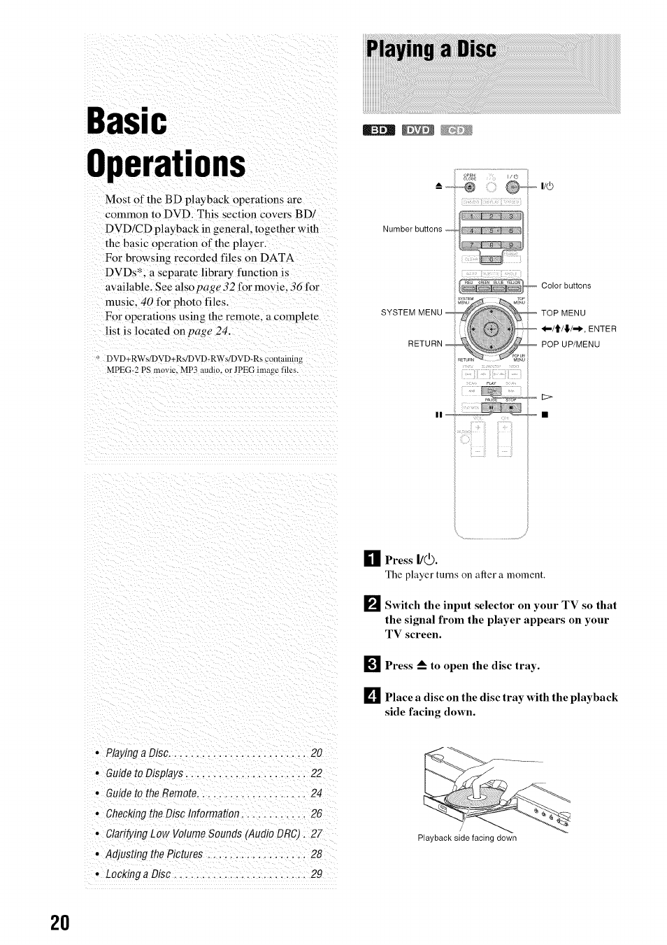 Basic, Press !/(!), Press ^ to open the disc tray | Playing a disc | Sony BDP-S301 User Manual | Page 20 / 72