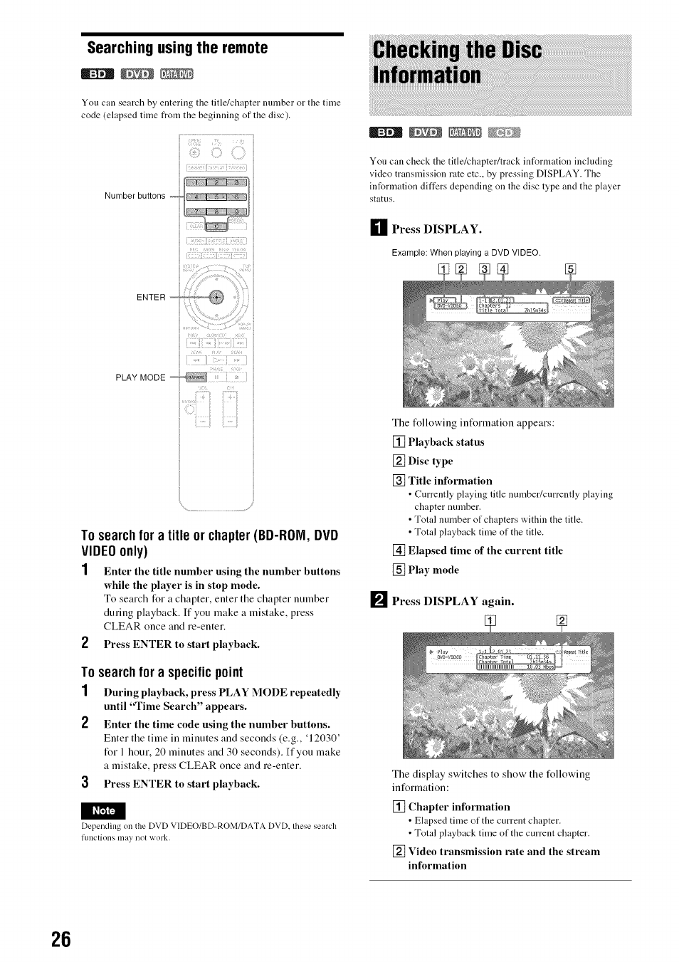 Searching using the remote, 2 press enter to start playback, To search for a specific point | 2 enter the time code using the number buttons, 3 press enter to start playback, 0] elapsed time of the current title [5] play mode, Checking the disc information | Sony BDP-S301 User Manual | Page 26 / 72