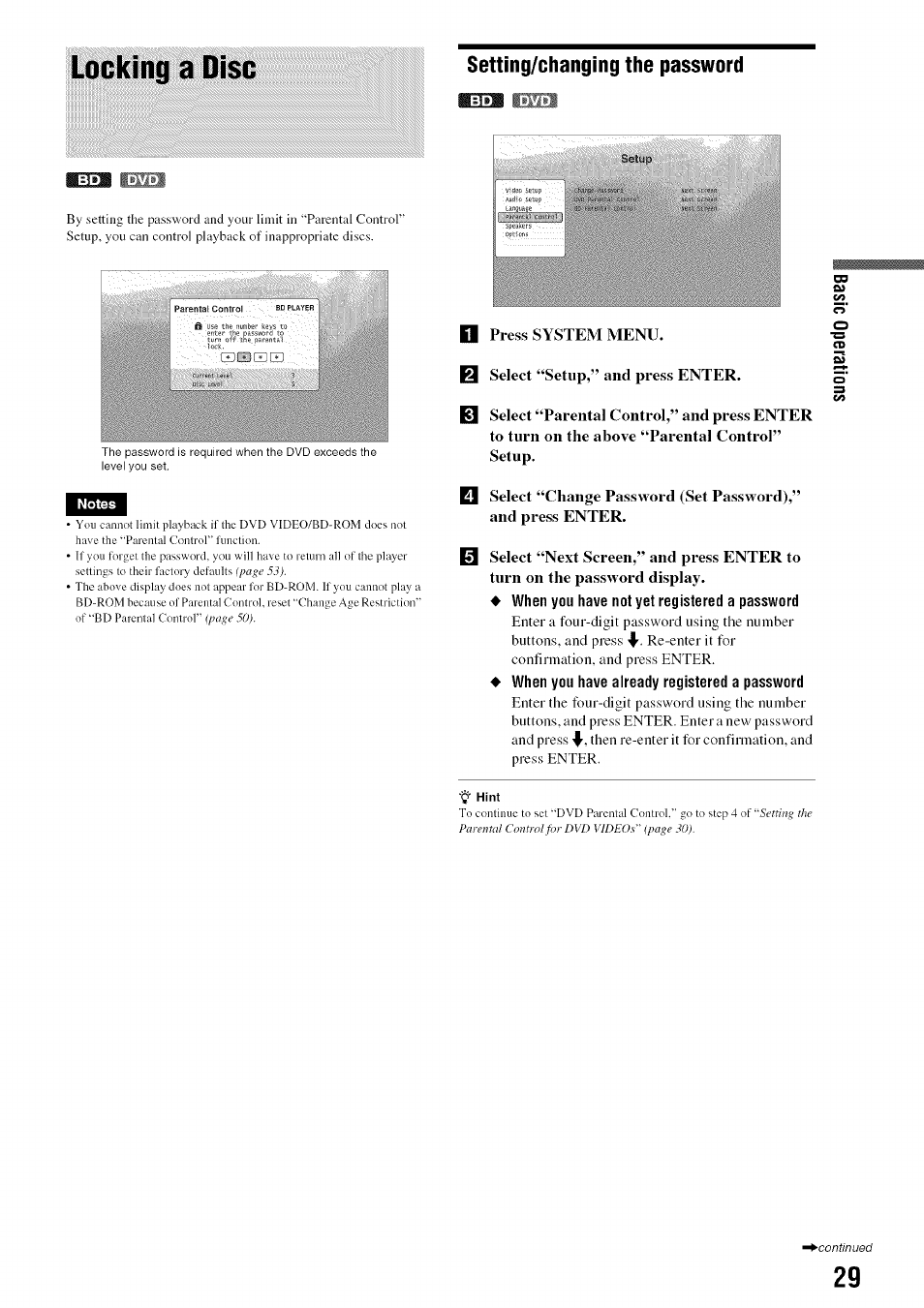 Ai» hiroil, Setting/changing the password, N press system menu | Q select “setup,” and press enter, Locking a disc | Sony BDP-S301 User Manual | Page 29 / 72