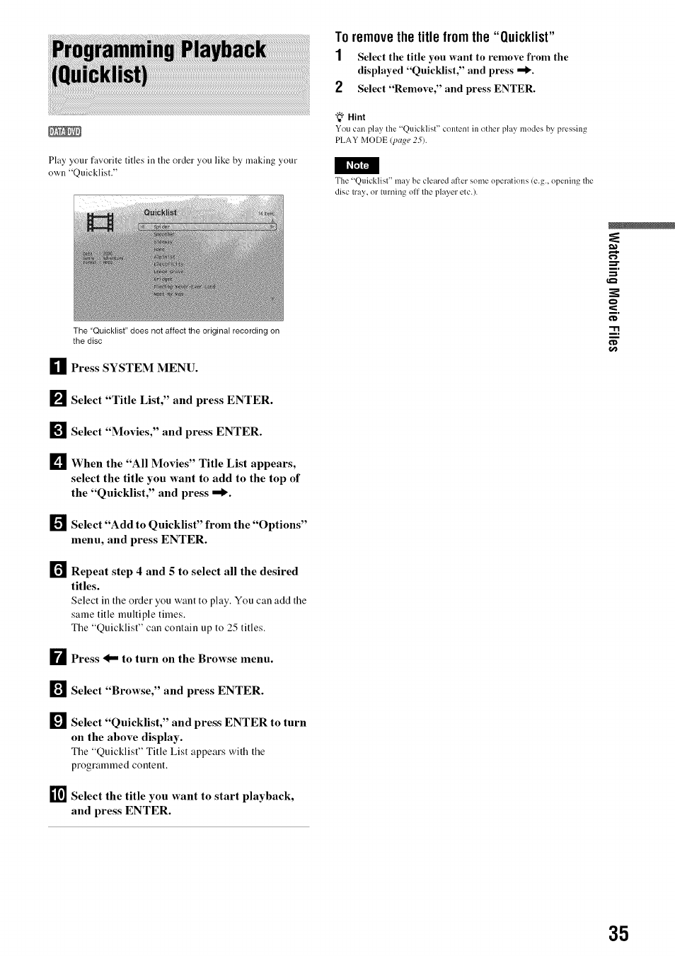 To remove the title from the “quicklist, Programming playback (quicklist) | Sony BDP-S301 User Manual | Page 35 / 72