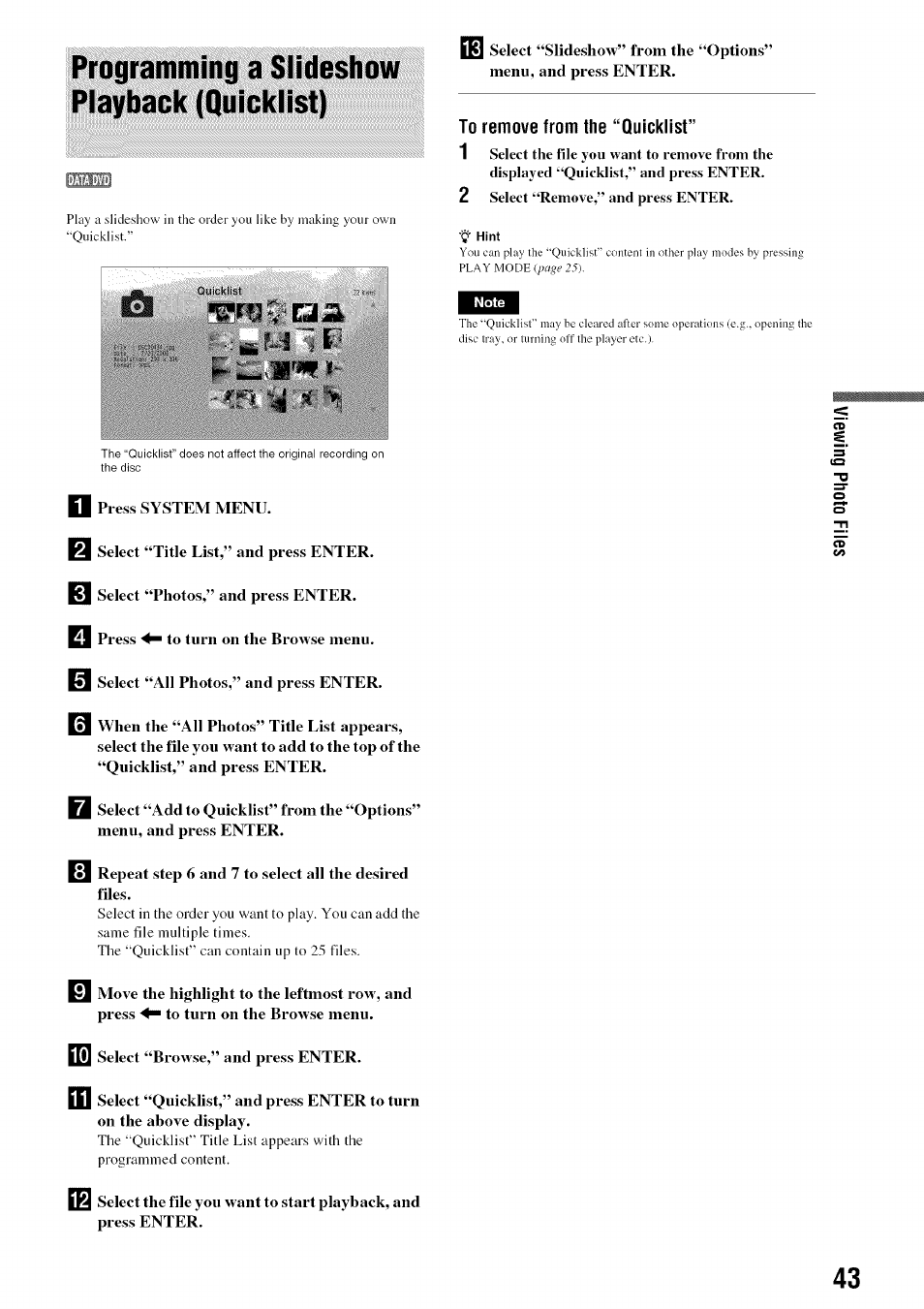 To remove from the “quicklist, Programming a slideshow playback (quicklist) | Sony BDP-S301 User Manual | Page 43 / 72