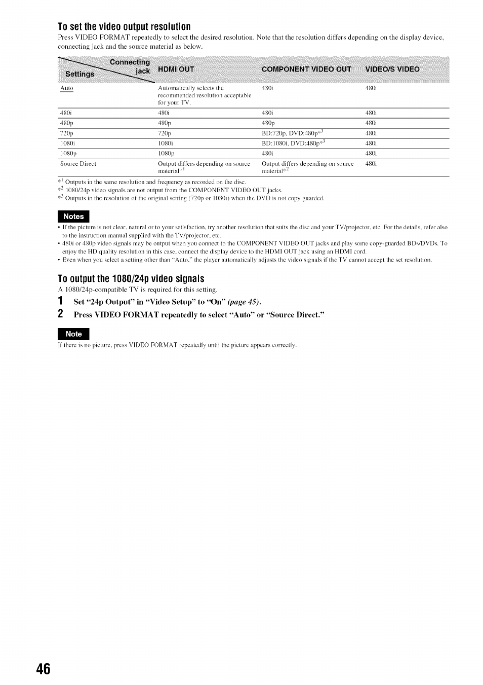 To set the video output resolution, Notes, To output the l080/24p video signals | Sony BDP-S301 User Manual | Page 46 / 72