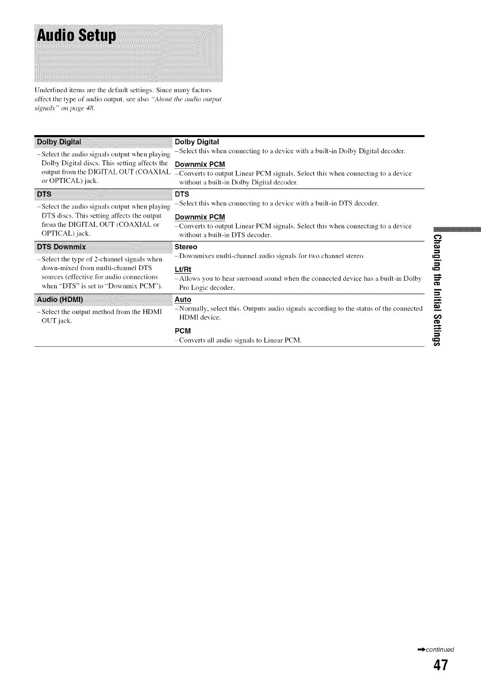 Audio setup | Sony BDP-S301 User Manual | Page 47 / 72
