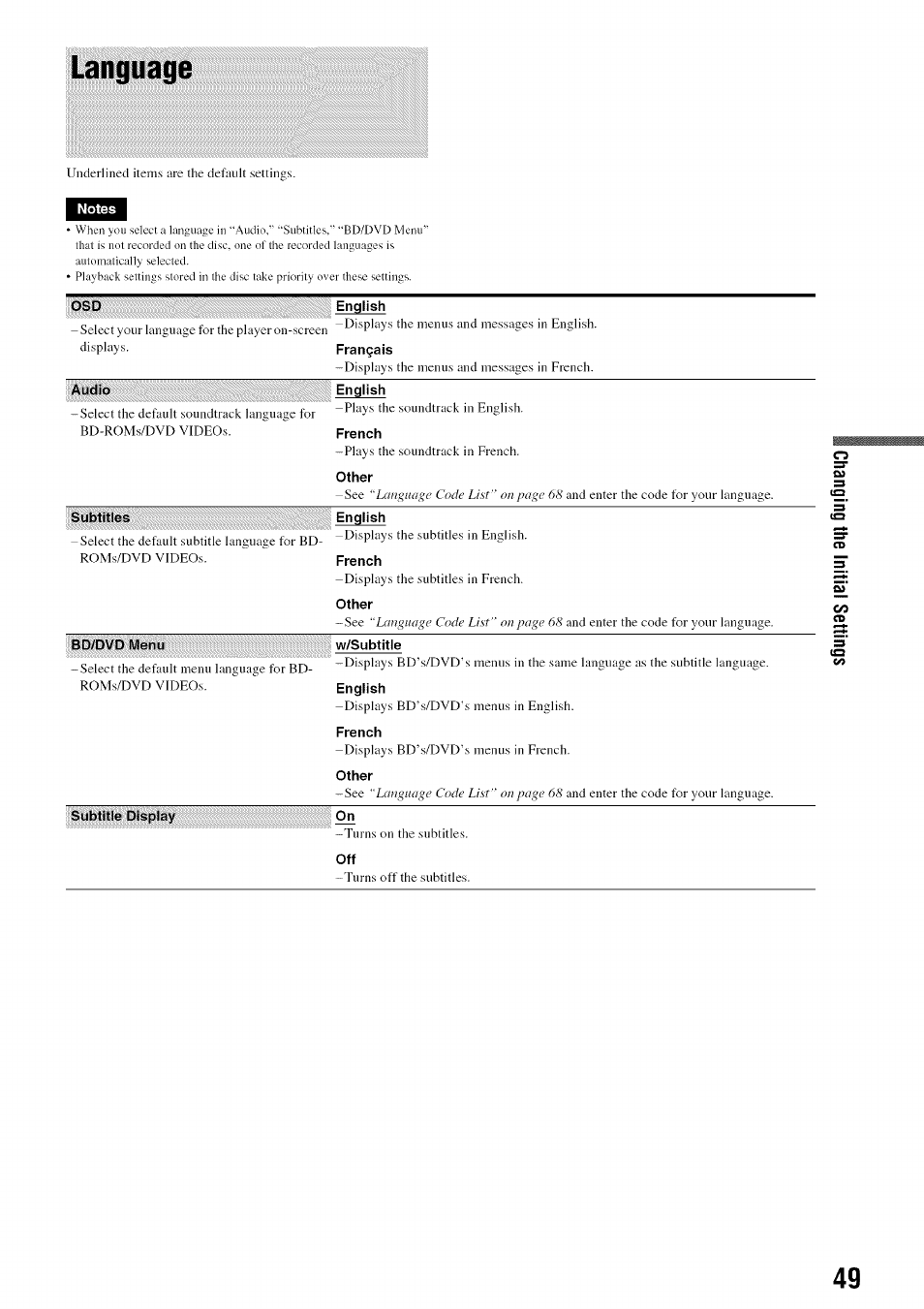 Language | Sony BDP-S301 User Manual | Page 49 / 72