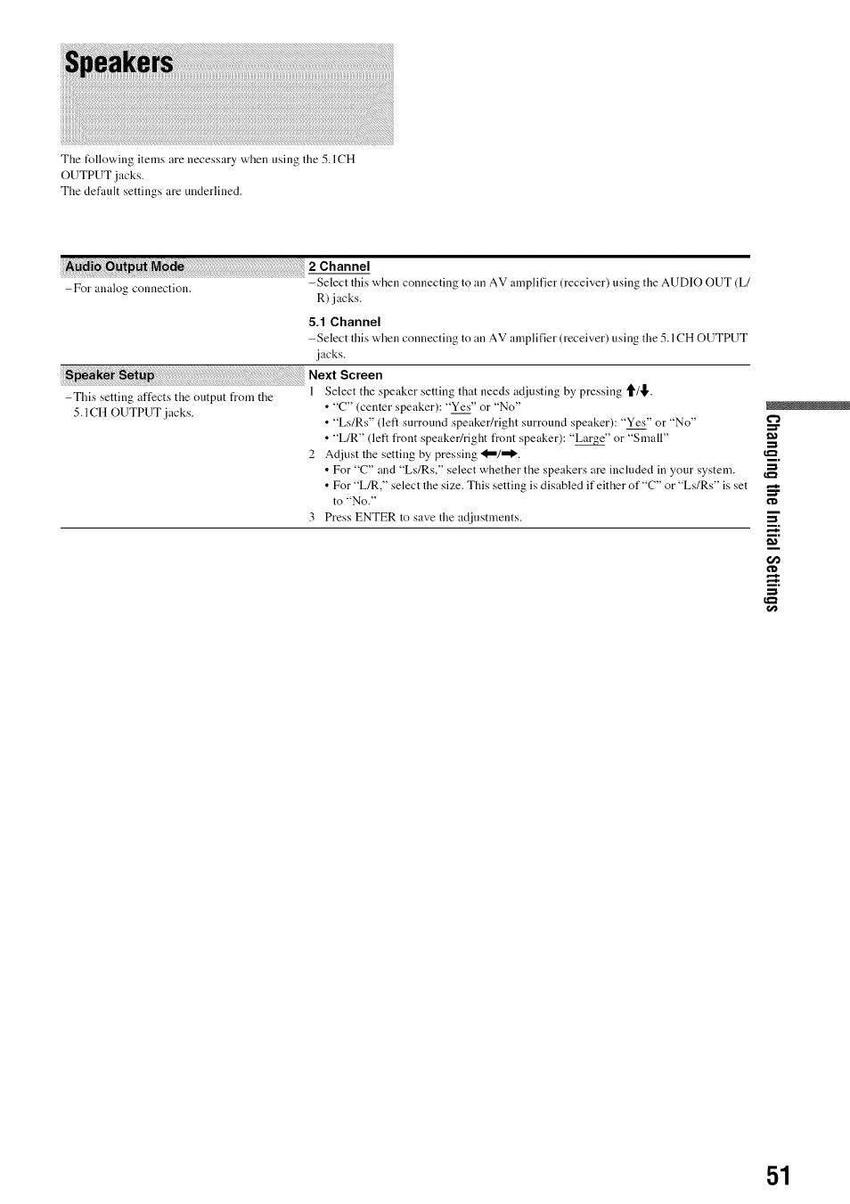 Audio output mode, 2 channel, 1 channel | Speaker setup, Next screen, Speakers | Sony BDP-S301 User Manual | Page 51 / 72