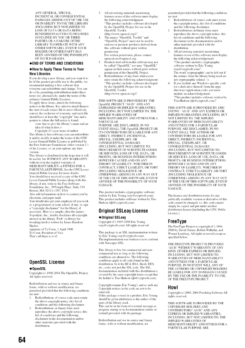 Openssl license, Openssl, Original ssleay license | Original ssleay, Freetype, Howl | Sony BDP-S301 User Manual | Page 64 / 72