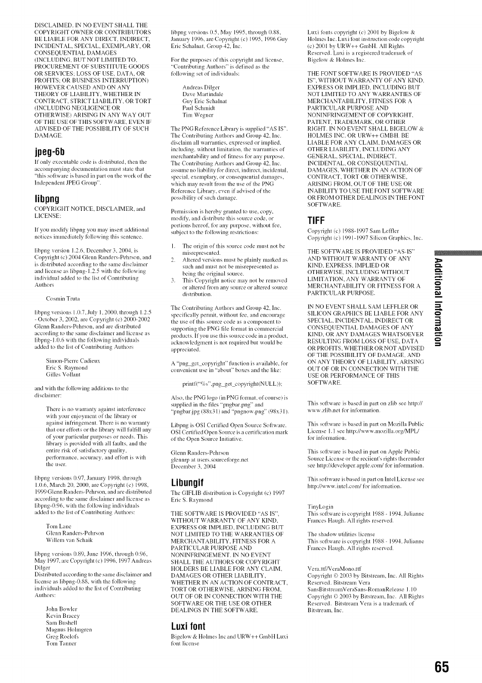 Jpeg-6b, Libpng, Libungif | Tiff, Luxi font, O’ luxi font | Sony BDP-S301 User Manual | Page 65 / 72