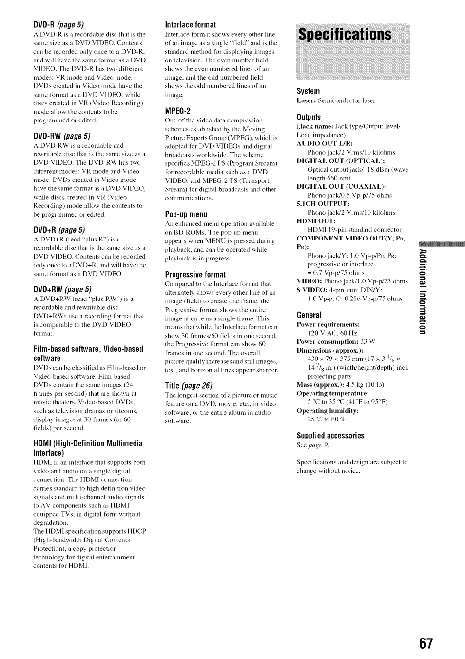 Audio out l/r, Digital out (coaxial), Specifications | O’ 67 | Sony BDP-S301 User Manual | Page 67 / 72