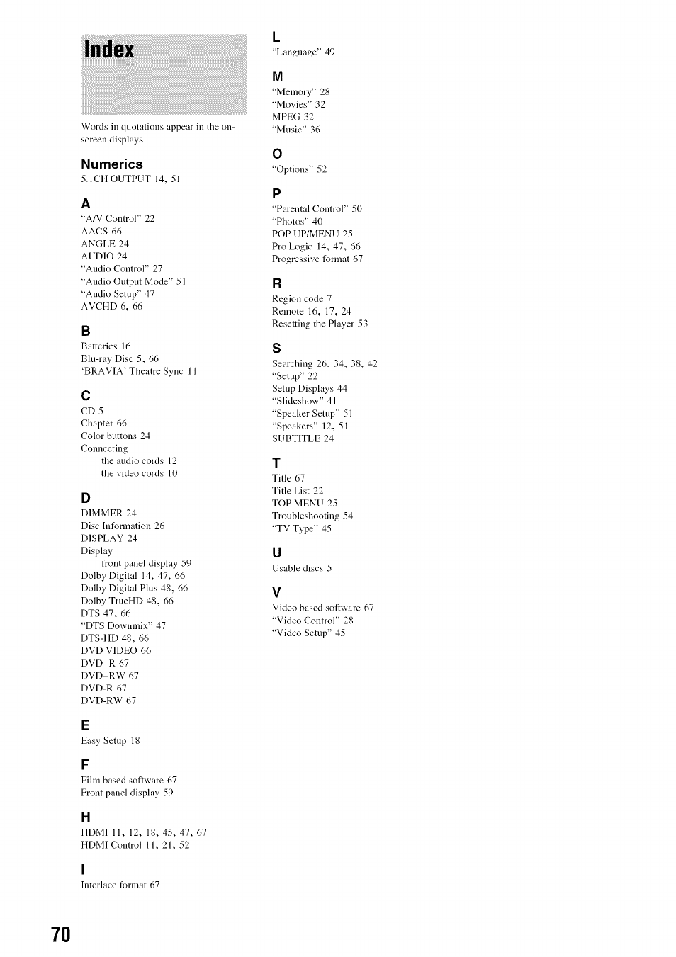Numerics, Index | Sony BDP-S301 User Manual | Page 70 / 72