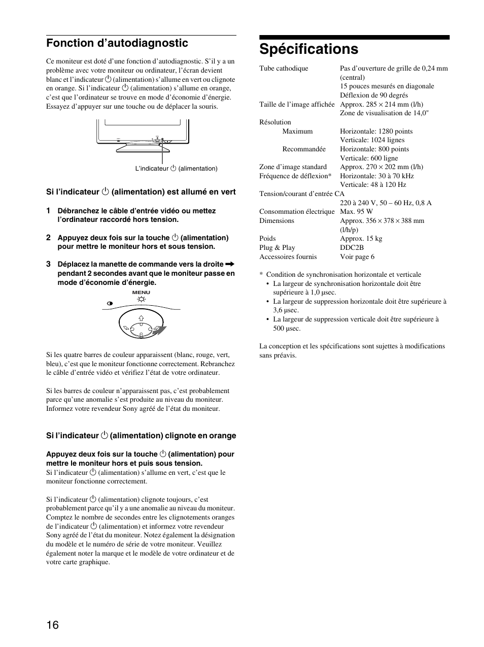 Fonction d’autodiagnostic, Spécifications, Función de autodiagnóstico | Especificaciones, 16 fonction d’autodiagnostic | Sony CPD-E100P User Manual | Page 30 / 88