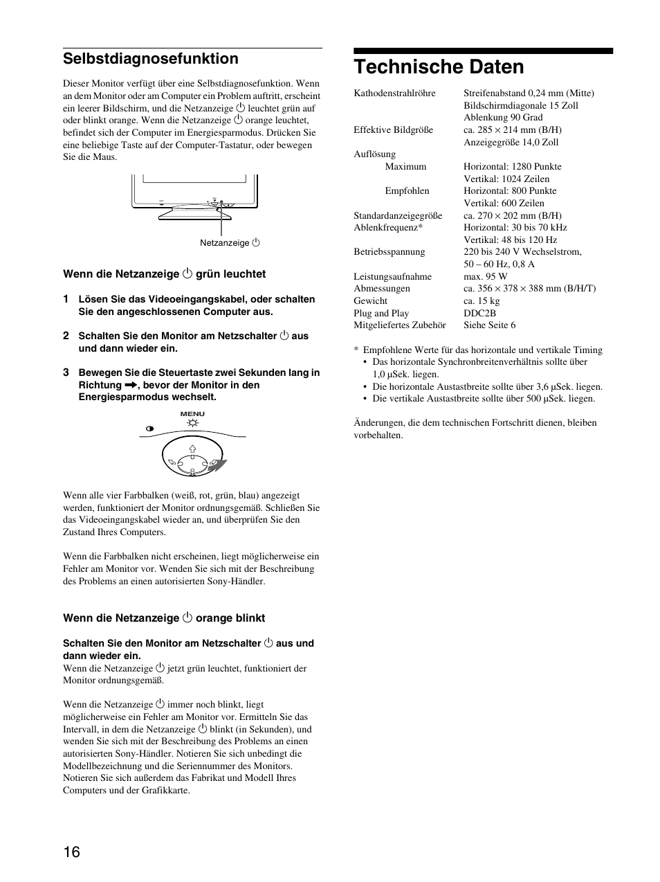 Selbstdiagnosefunktion, Technische daten, Caratteristiche tecniche | Seite 16, Seite 16), 16 selbstdiagnosefunktion | Sony CPD-E100P User Manual | Page 44 / 88