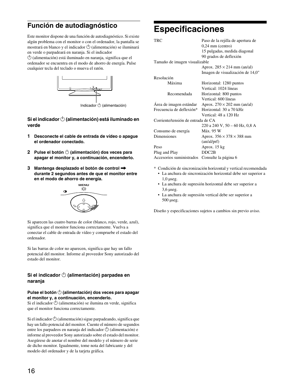 Especificaciones, 16 función de autodiagnóstico | Sony CPD-E100P User Manual | Page 58 / 88