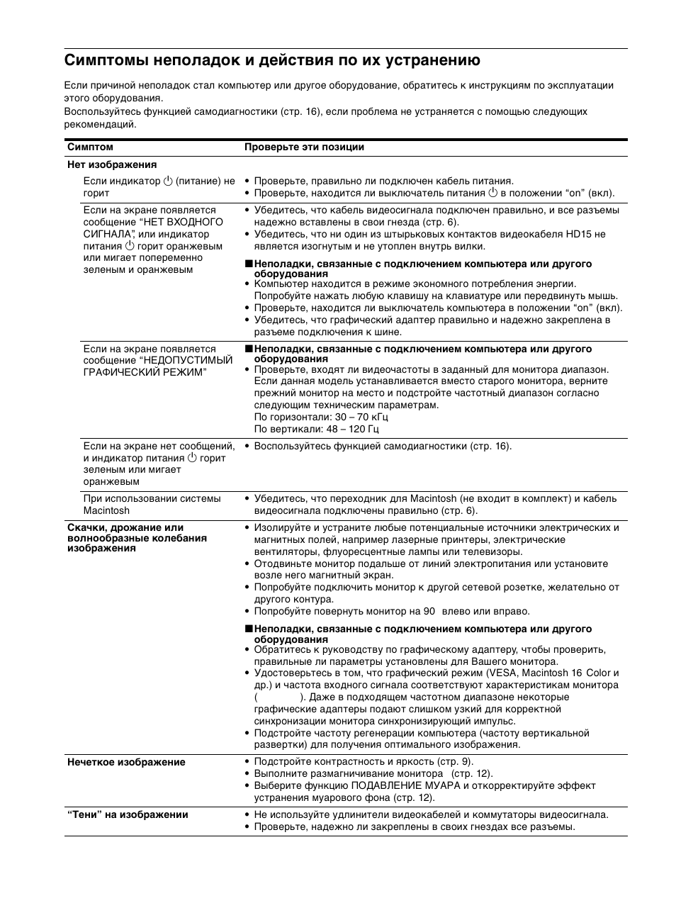 Симптомы неполадок и действиш по их уст²анени, Симптомы неполадок и действия по их устранению, 14 симптомы неполадок и действия по их устранению | Sony CPD-E100P User Manual | Page 84 / 88