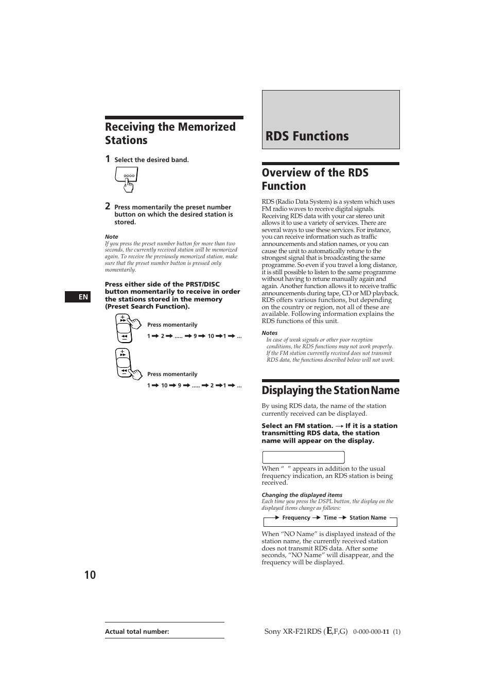 Rds functions, Overview of the rds function, Displaying the station name | Bbc r1 | Sony XR-F21RDS User Manual | Page 10 / 90