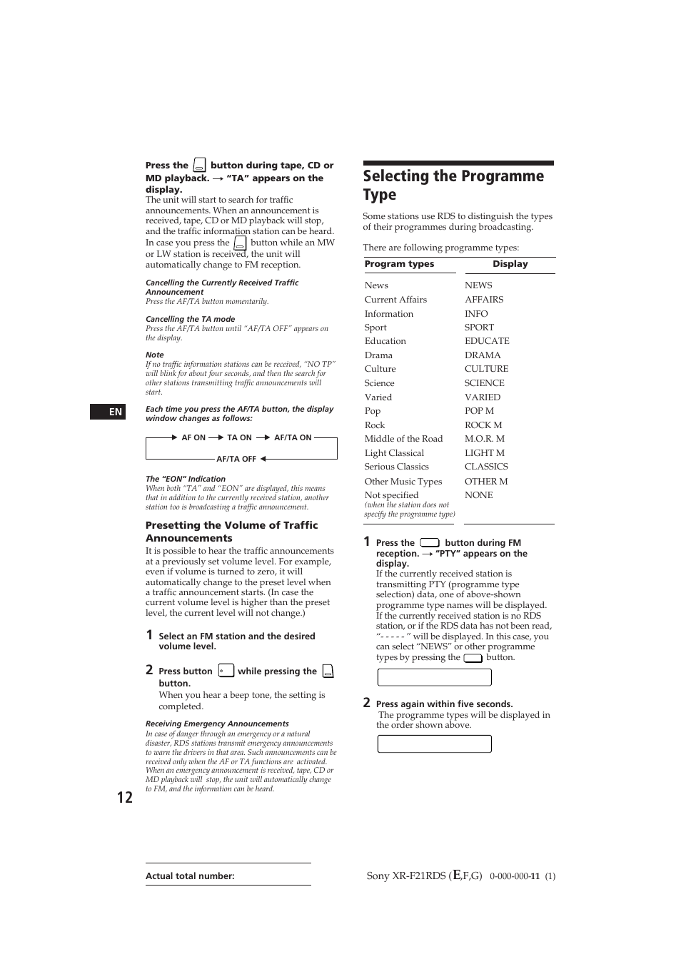 Selecting the programme type, Nfo i, Por s t | Sony XR-F21RDS User Manual | Page 12 / 90