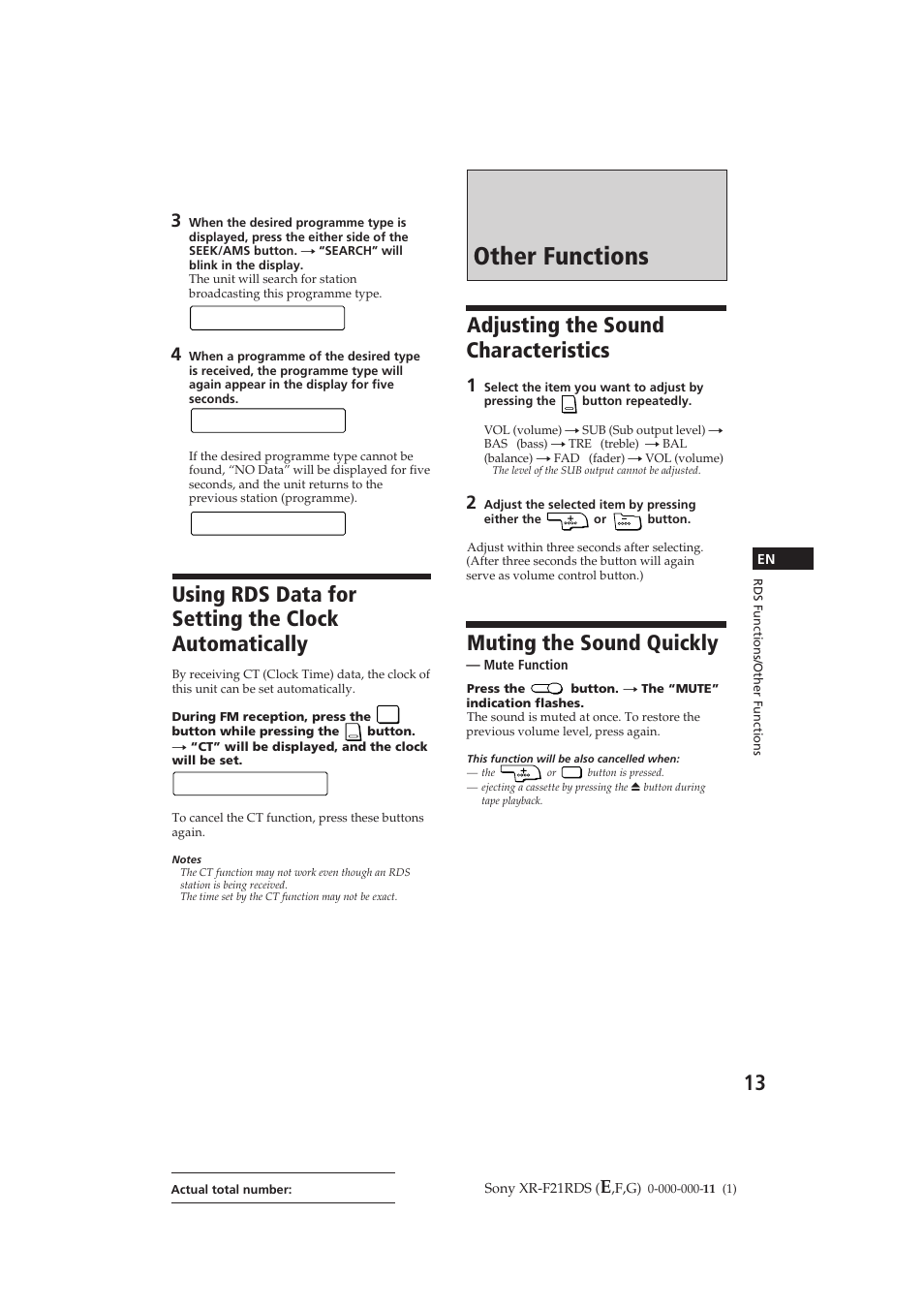 Other functions, Using rds data for setting the clock automatically, Adjusting the sound characteristics | Muting the sound quickly, Ear s ch, Por s t, No da t a | Sony XR-F21RDS User Manual | Page 13 / 90