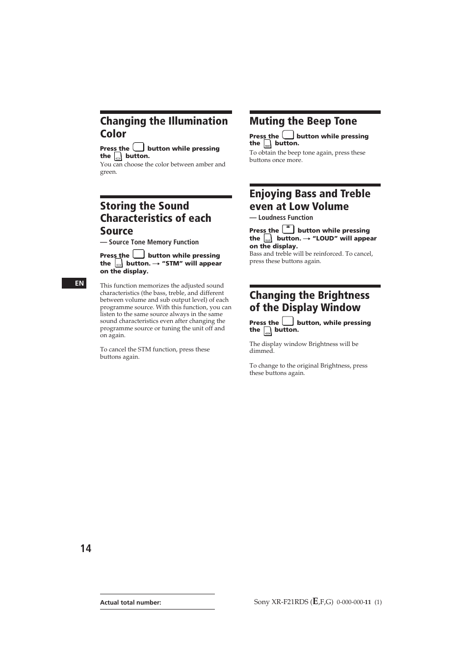 Changing the illumination color, Storing the sound characteristics of each source, Muting the beep tone | Enjoying bass and treble even at low volume, Changing the brightness of the display window | Sony XR-F21RDS User Manual | Page 14 / 90