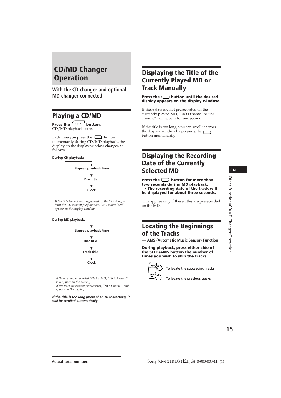 Cd/md changer operation, Locating the beginnings of the tracks, Playing a cd/md | Sony XR-F21RDS User Manual | Page 15 / 90