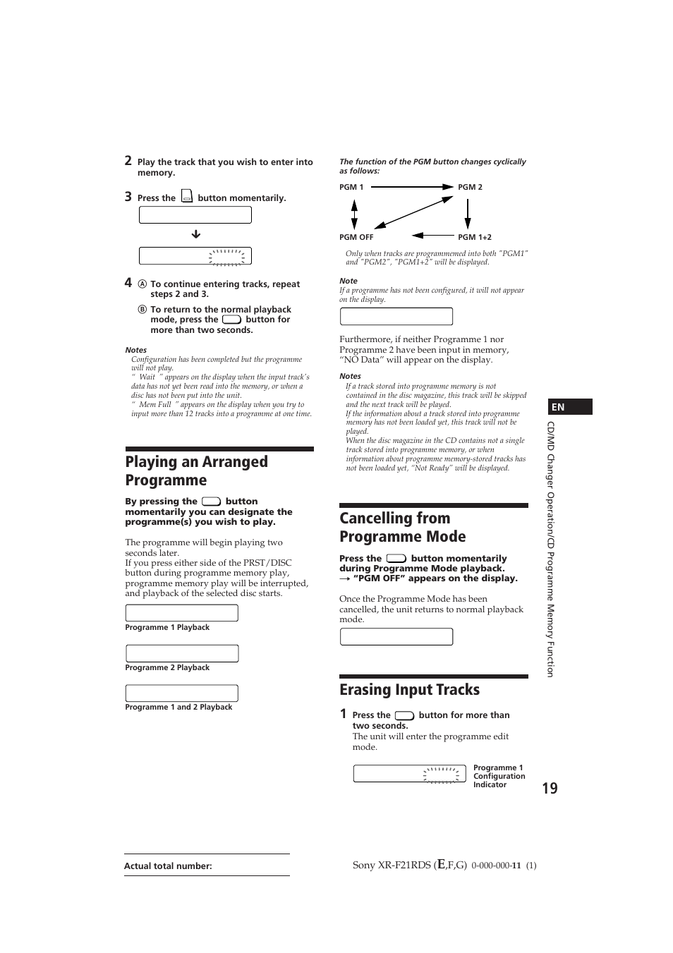 Playing an arranged programme, Cancelling from programme mode, Erasing input tracks | En t + er, No da t a, Pgm 1, Pgm 2, Pgm 1+2 pgm off | Sony XR-F21RDS User Manual | Page 19 / 90