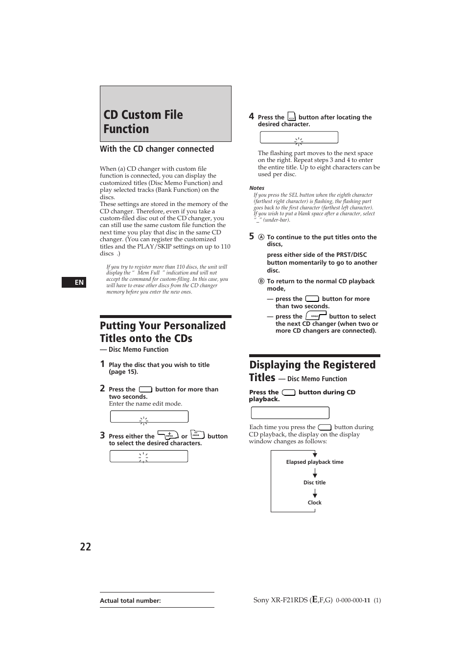 Cd custom file function, Putting your personalized titles onto the cds, Displaying the registered titles | Schubert, With the cd changer connected | Sony XR-F21RDS User Manual | Page 22 / 90