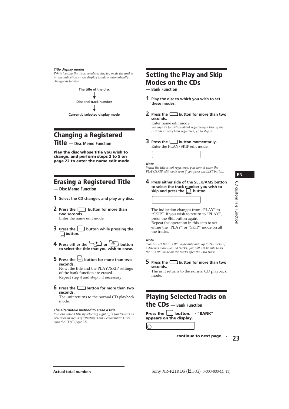 Changing a registered title, Erasing a registered title, Setting the play and skip modes on the cds | Playing selected tracks on the cds, 3 sk i p, Bk o an n, 1 play | Sony XR-F21RDS User Manual | Page 23 / 90