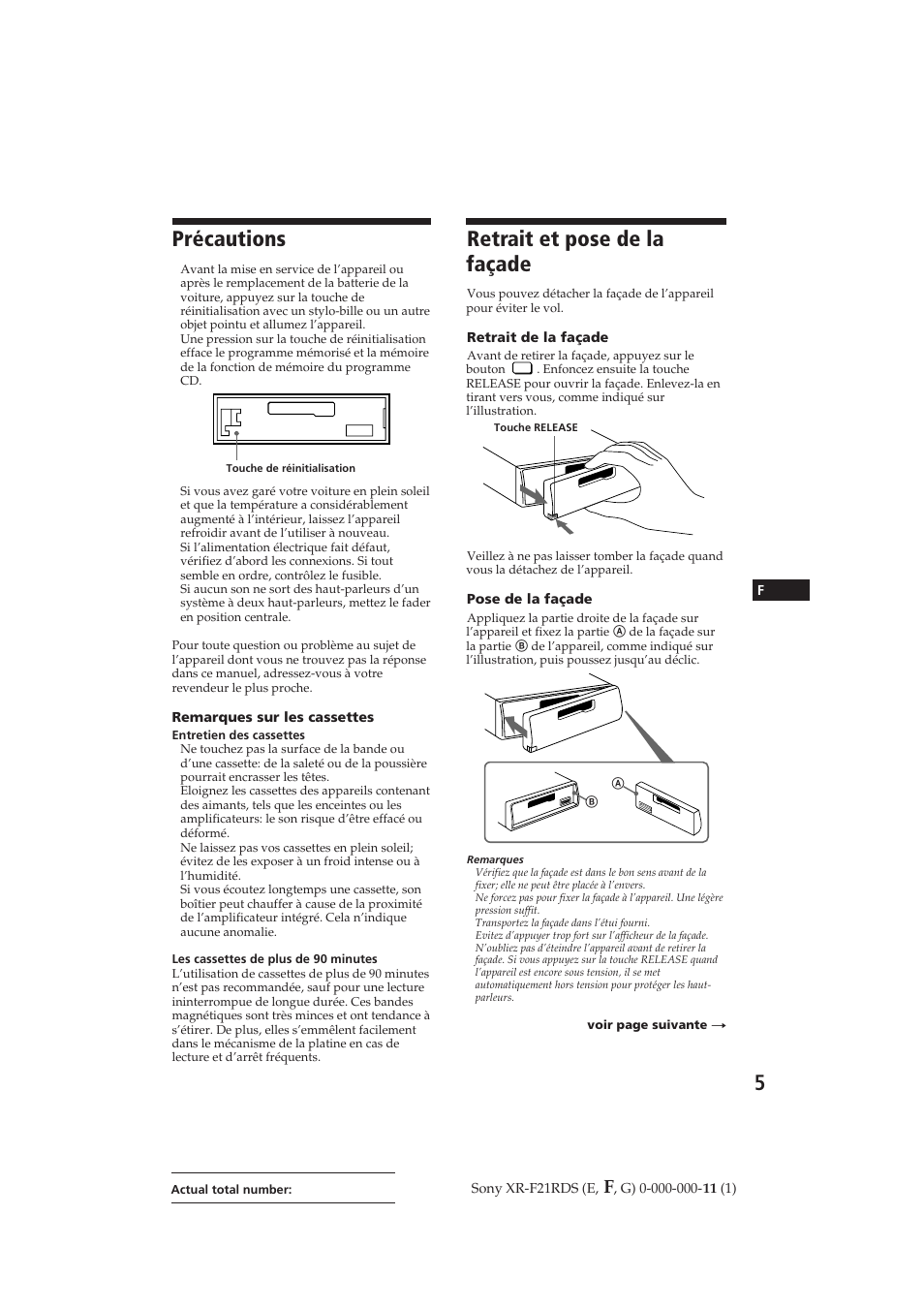 Précautions, Retrait et pose de la façade | Sony XR-F21RDS User Manual | Page 33 / 90