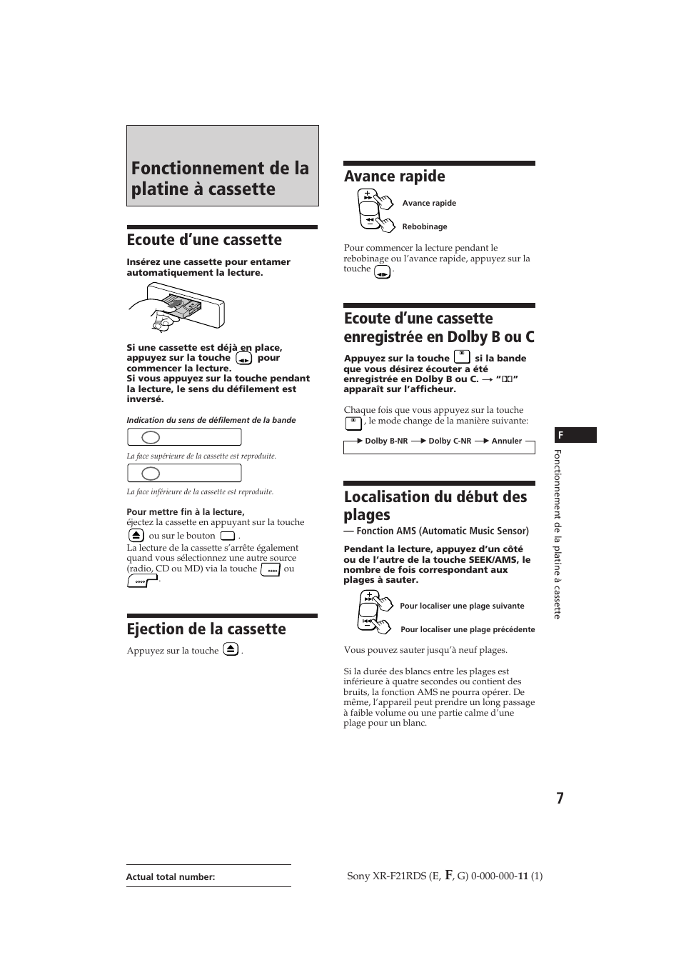 Fonctionnement de la platine à cassette, Ecoute d’une cassette, Ejection de la cassette | Avance rapide, Ecoute d’une cassette enregistrée en dolby b ou c, Localisation du début des plages, Play | Sony XR-F21RDS User Manual | Page 35 / 90