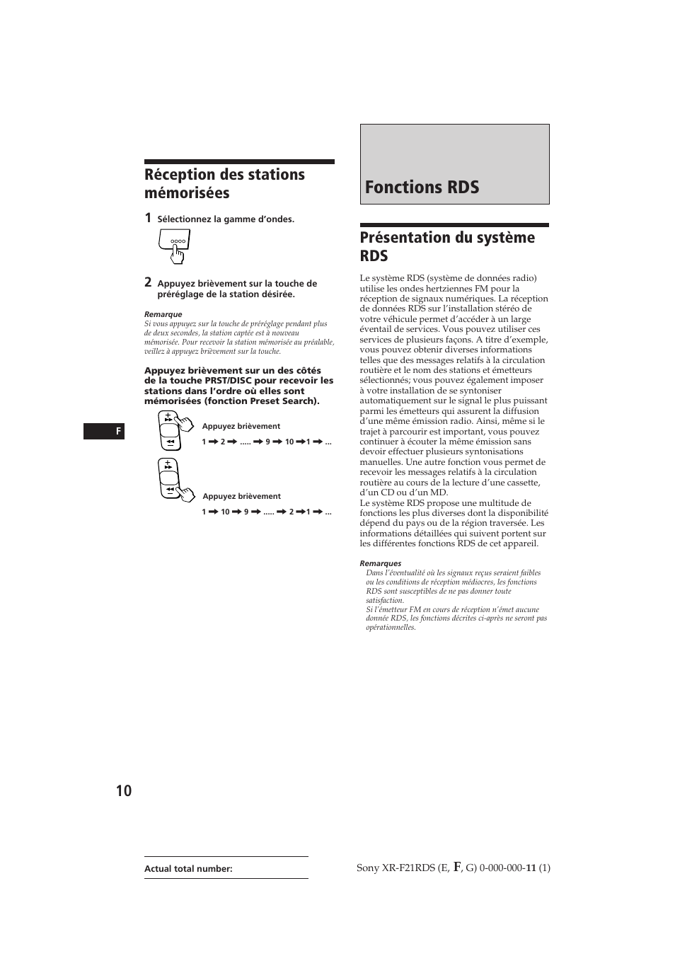 Fonctions rds, Présentation du système rds, Réception des stations mémorisées | Sony XR-F21RDS User Manual | Page 38 / 90
